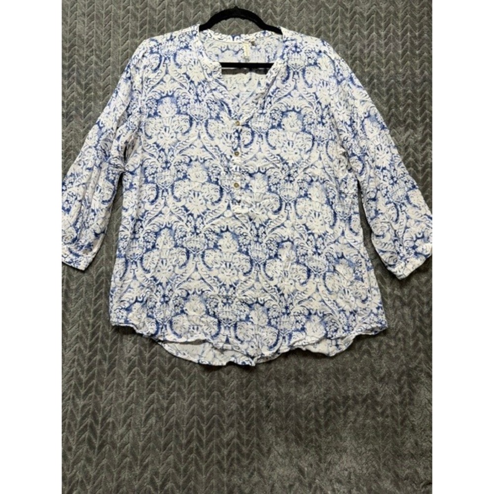 Grand & Greene Womens Blue White Damask Paisley 3/4 Sleeve Blouse XL 0481